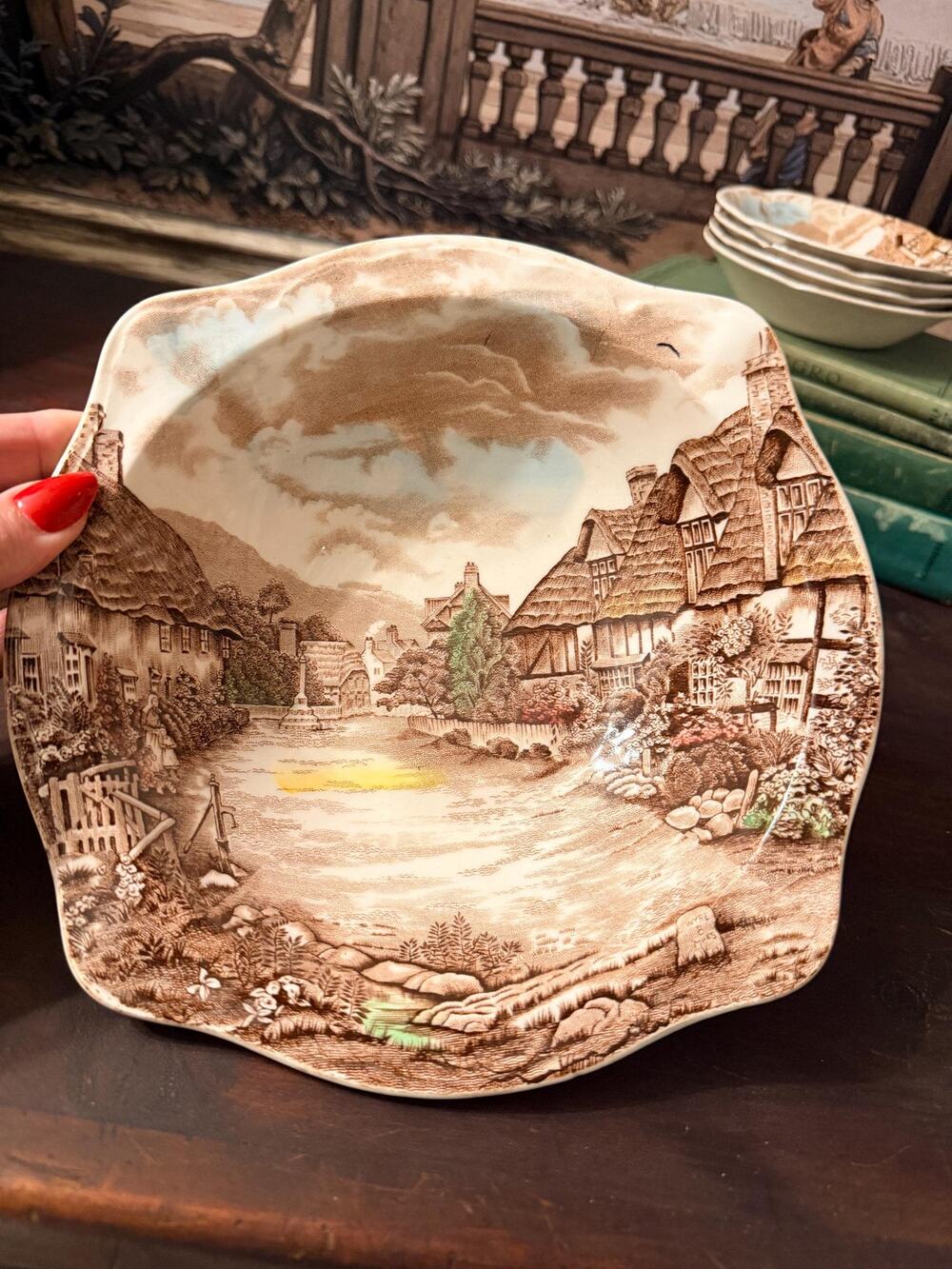 Vintage Johnson Bros Olde English Countryside Serving Bowl, Brown Transferware